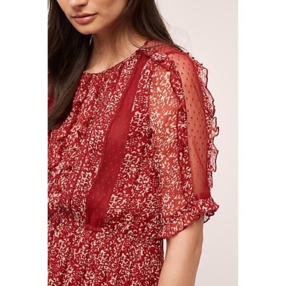 NWT Anthropologie Floreat Red Print Ruffle Lace Sheer Dress - Picture 14 of 16